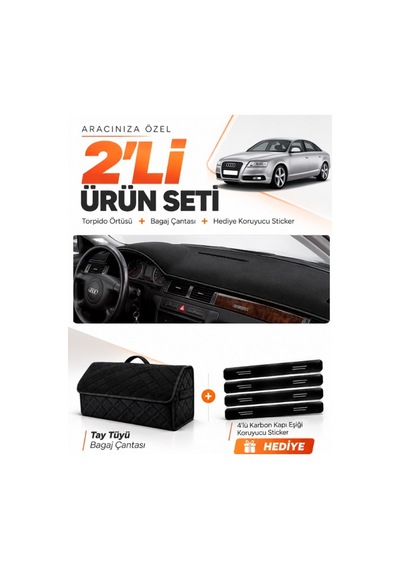 Audı A6 1997-2004 Uyumlu Torpido Örtüsü + Tay Tüyü Bagaj Çantası + Sticker Seti - Siyah