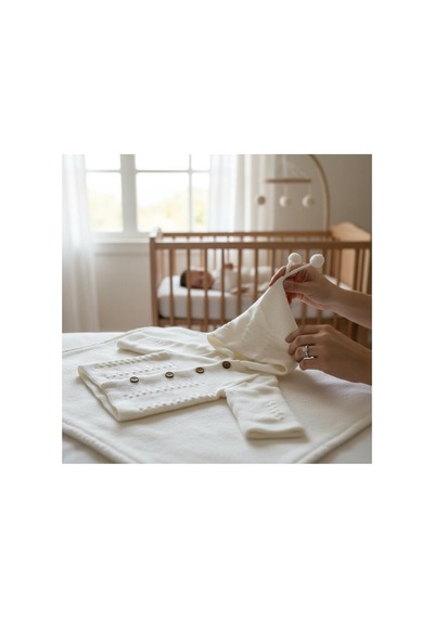 Altıntaş Baby Çizgili Triko Ponpon Kapüşonlu Çift Katlı Kız Erkek Bebek Hırka Ekru Ekru