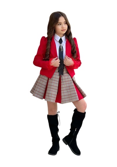 Riccotarz Kız Çocuk Blazer Ceket, Kravat Çizgili Kırmızı Etekli Takım Kırmızı