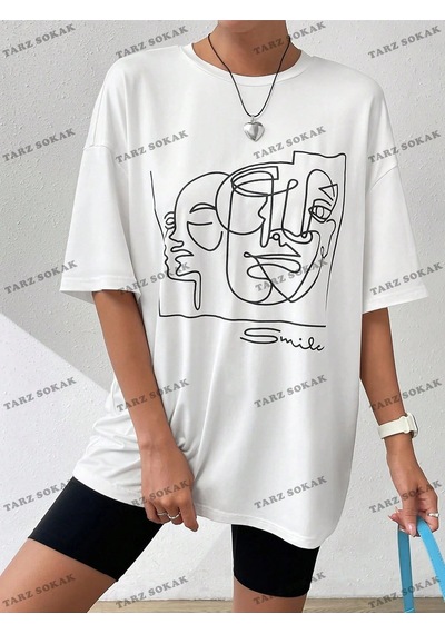 Startmore Unisex Bay Yaz Beyaz Y2k Soyut Şekil Grafik Damla Omuz Tee Grafik Gömlek Kod-1360 Beyaz