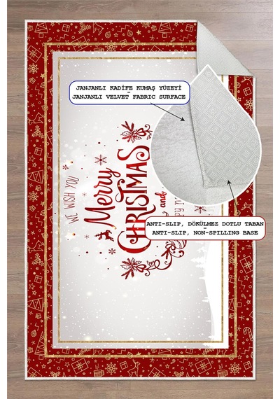 Dijital Baskılı Kaymaz Tabanlı Yıkanabilir Kırmızı Merry Christmas Halısı
