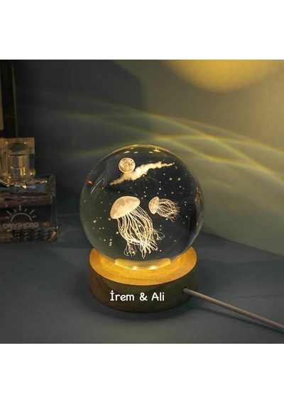 Işıklı Ahşap Kaideli Deniz Anası Temalı Cam Küre 8cm 6cm Ve Melek Kolye