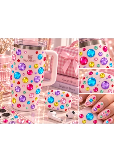 Renkli Taş Rhinestone Sticker Yapışkanlı Saç, Yüz, Tırnak, Vücut Ve Süs Taşı Pembe