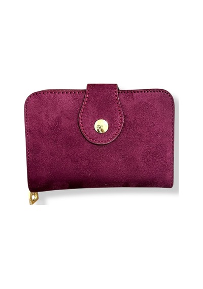 Me-vo Kadın Süet Mini Cüzdan, Fermuarlı, Bordo, 8 Kartlık, Metal Düğmeli Bordo