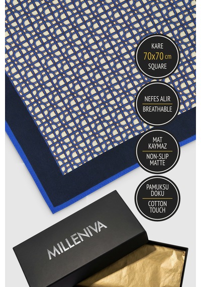 Milleniva Zincir Desenli Mavi Beyaz 70x70 Soft Touch Mat Kare Fular