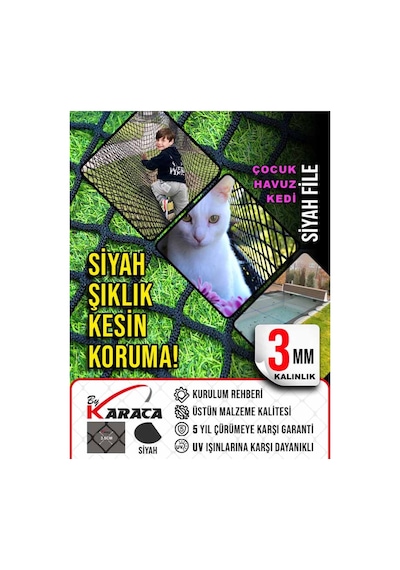 Kedi Güvenlik Filesi 2.5x9 Metre - Siyah Renk, 3mm İp Kalınlığı, 3.5x3.5 Cm Gözenek