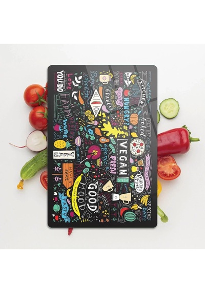 Cam Kesme Tahtası Ve Sunumluk Karışık Yazı Desenli 30x40 Cm Çok Renkli