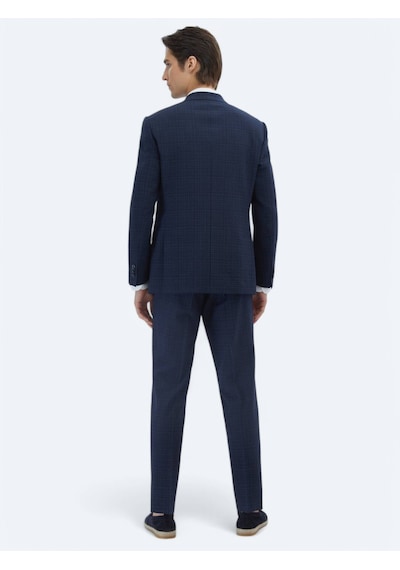 Kip Lacivert Kareli Modern Fit Yün Karışımlı Takım Elbise Lacivert