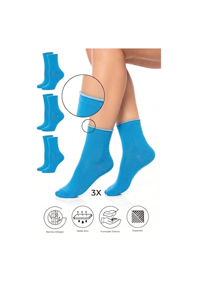 Saysez Bambu Kadın Lastiksiz Mavi Soket Dikişsiz Premium Çorap 3'lü Paket / İz Bırakmaz / Sıkmayan Çorap