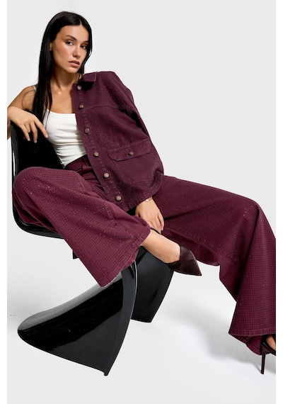 it's basic Kadın Bordo Renk T-6w5-122 Palazzo Fit Parlak Taşlı Özel Tasarım Denim Jean