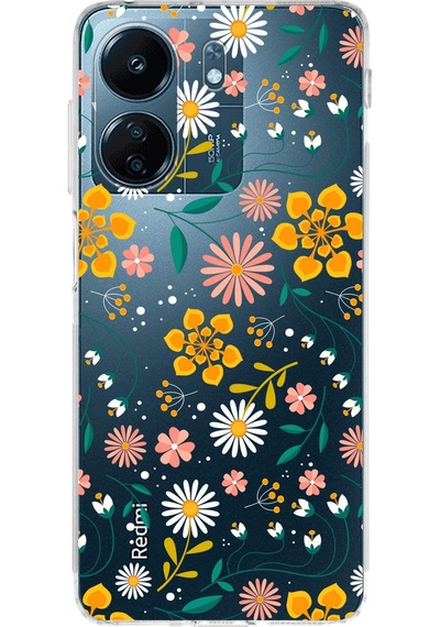 Xiaomi Redmi 13c Uyumlu Kamera Korumalı Çiçek Tasarımlı Şeffaf Kılıf Şeffaf