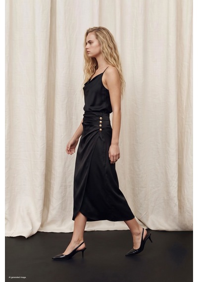 Sateen Düğme Detaylı Saten Etek - Siyah-138054