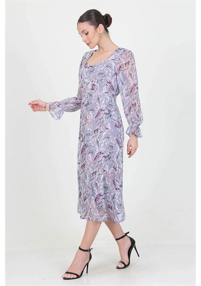Neşeli Butik Kadın Gri Kalp Yaka Yeni Sezon Desenli Şifon Elbise Ry0030 Gri
