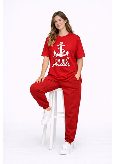 Sevgili Kombini Oversize Çift Tişört Unisex Captain Anchor Baskıl Kırmızı