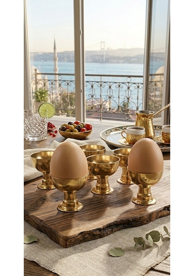 6'lı Gold Renk Metal Yumurtalık Seti- Şık Kahvaltı Sunumluk Yumurtalık- Yumurta Kabı Altın