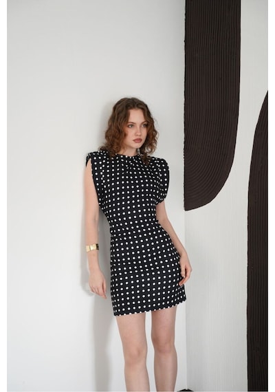 Verymoda Puantiyeli Bisiklet Yaka Diz Üstü Elbise D3013 Siyah