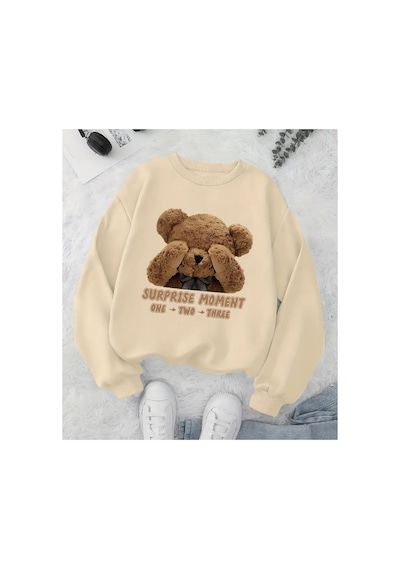 Herkesemoda Suprise Moment Baskı Desen Detaylı Bisiklet Yaka Sweatshirt Bej