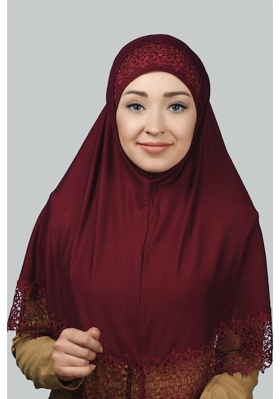 Altobeh İkili Set Dantelli Pratik Eşarp Hazır Hijab Ve Tesettür Bonesi Xl Bordo