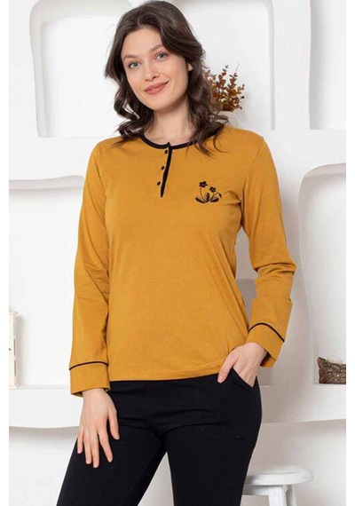 Alimer Kadın Hardal Bisiklet Yaka Uzun Kol Pijama Takım Edy2775h Hardal