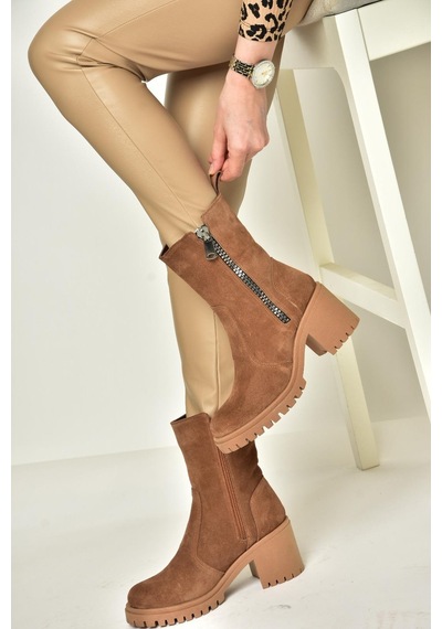 Fox Shoes T654095802 Taba Hakiki Süet Kalın Topuklu Kadın Bot Taba-Süet Taba
