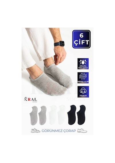 Kral Socks Pamuklu Terletmez Unisex Sneaker Çorap 6 Çift - Beyaz - Gri - Siyah
