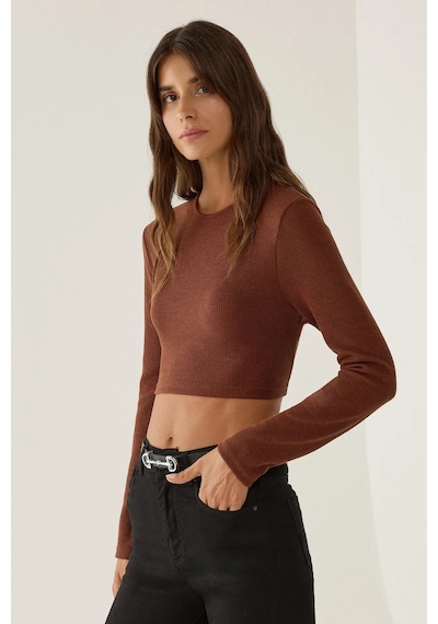 Hiccup Slim Fit Örme Crop Bluz Kestane Kahvesi