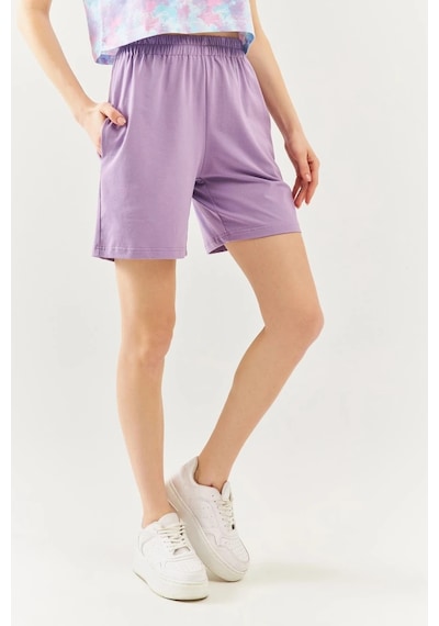 Rahat %100 Pamuklu Penye Beli Lastikli Bel Cepli Kısa Trendy Kadın Şort Lila