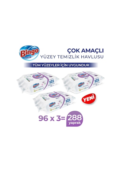 Bingo Pratik Arap Sabunu Katkılı Lavanta Yüzey Temizlik Havlusu 3 x 96'lı