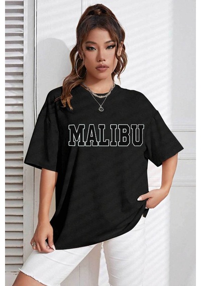 Medinenur Unisex Malibu Baskılı Siyah Tshirt Siyah