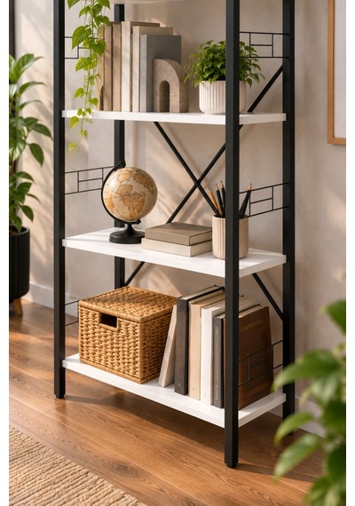 Sulorahome Beyaz Metal İskeletli 4 Raflı Çok Amaçlı Kitaplık Ve Raf Ünitesi 150 Cm Antrasit