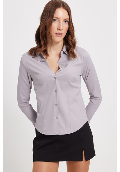Tudors Kadın Slim Fit Dar Kesim Klasik Yaka Uzun Kollu Gri Gömlek-40354 Gri
