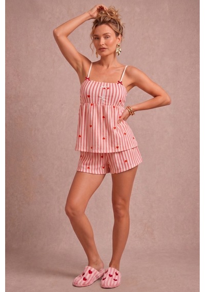 Bella Notte Pembe Kadın Çizgili Kalp Desenli Askılı Şortlu Pijama Takımı
