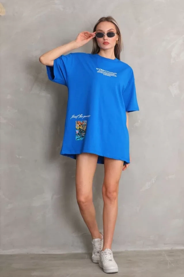 Periliçekeçe Unisex Bisiklet Yaka Baskılı Oversize T-shirt - Mavi
