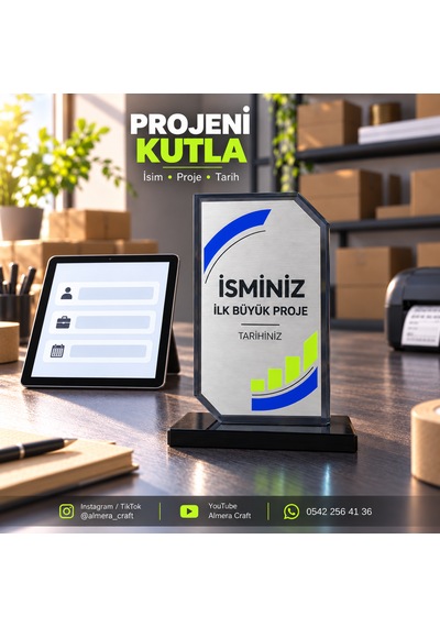 Kişiye Özel Füme Kristal Cam Plaket 12x19 Cm İsimli Ve Tarihli Başarı Ödülü Almera Craft 12 19