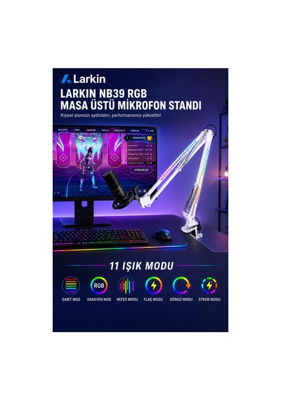 Larkin Nb39 Rgb Demir Masa Üstü Yayıncı Mikrofon Standı Boom Arm Beyaz