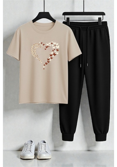 Uyguntarz Unisex Leoparlı Kelebekli Kalp Tasarım Baskılı Tişört - 2'li Eşofman Takımı Bej