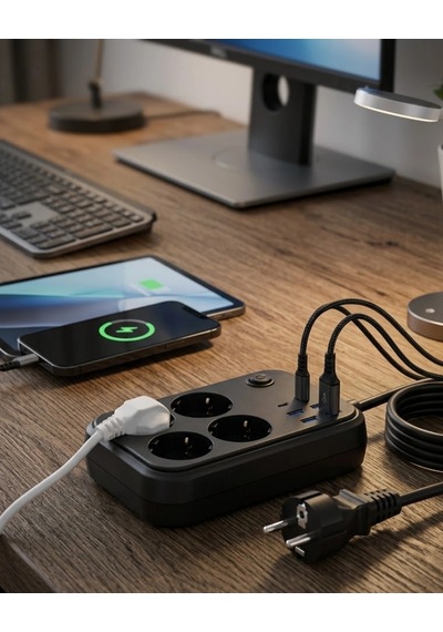 Hubrendy Tekno Çoklu Priz Ve Usb Şarj Ünitesi 4 Soket 2 Type C Güvenli Enerji Yönetimi 0
