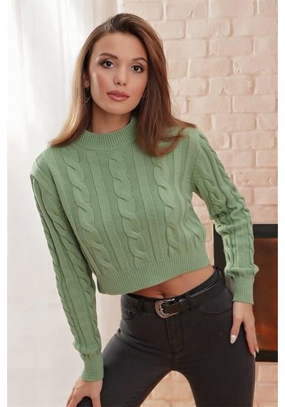 Yarım Balıkçı Yaka Saç Örgülü Kısa Crop Mint Kazak Mint