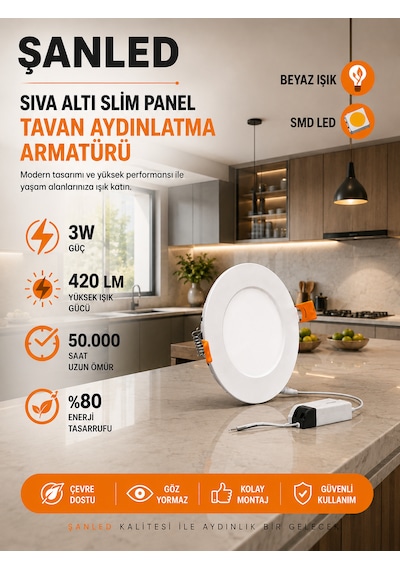 Şanled 3w Tasarruflu Led Yuvarlak Beyaz Işık Sıva Altı Slim Panel 6 Adet