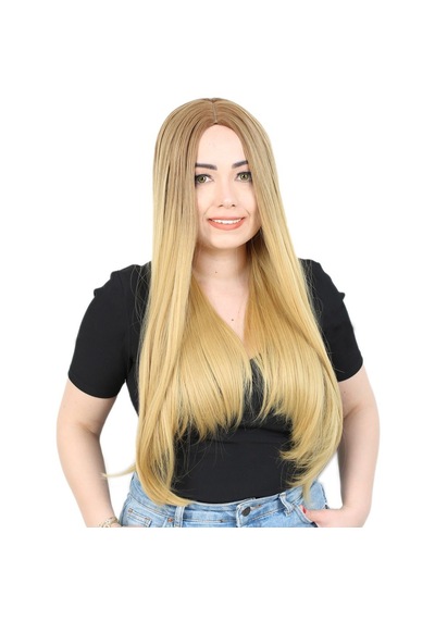 Fiber Sentetik Uzun Düz Peruk / Kumral / Sarı Ombreli - Rxlu-462006 Renkli