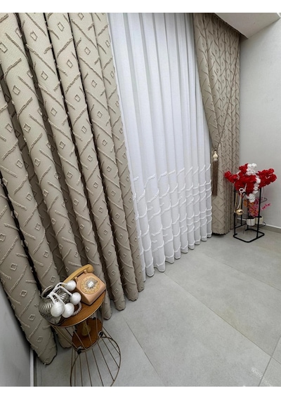 Nivemeshome Ahu 1-0049p Yarı Desenli 1/3 Pileli Tül Perde Apm Ekru