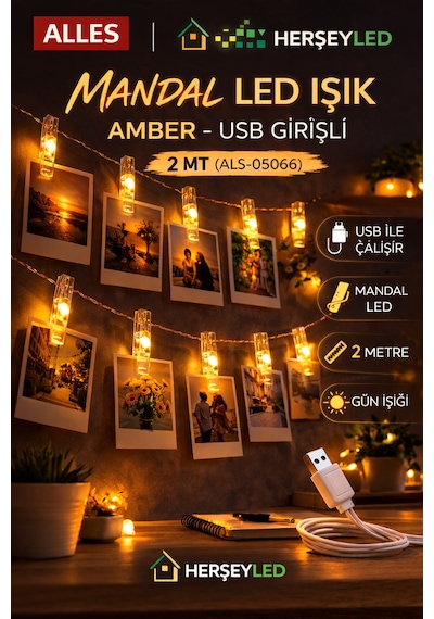 Mandal Led Işık Amber - Usb 2 Mt Amber