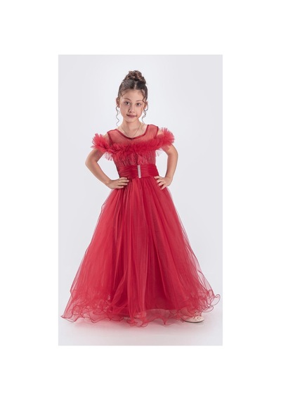 Mnk Baby & Kids Uzun Etek Kız Çocuk Robası Şifon Abiye M00723 Kırmızı