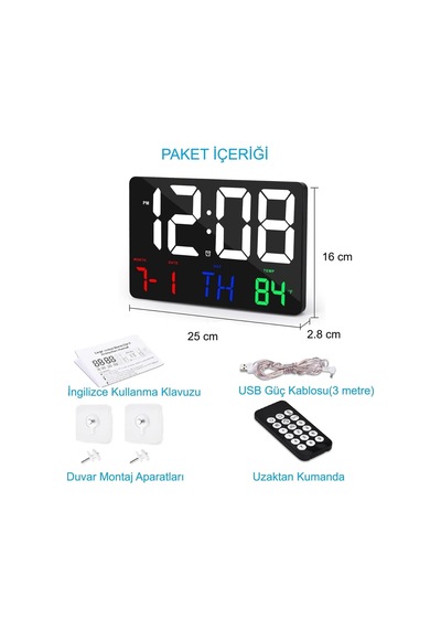 Dijital Duvar Saati Renkli Hd Led Ekran 25x16 Cm Tarih Gün Sıcaklık Alarm Usb Dekoratif