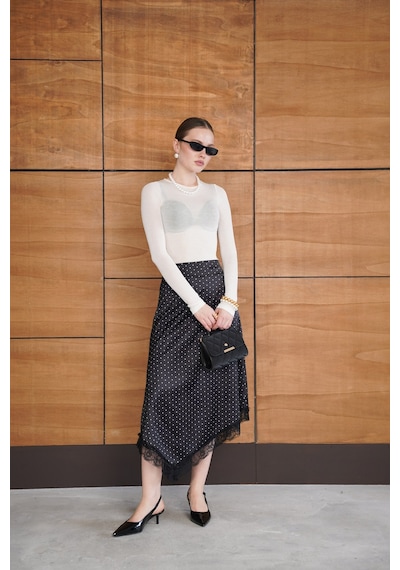 Verymoda Dantel Detaylı Puantiyeli Saten Etek F2077 Siyah
