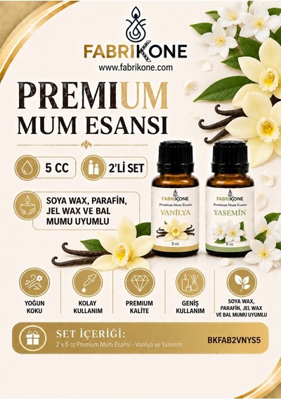 Premium Mum Esansı 5 Cc 2'li Set - Vanilya, Yasemin - Soya Wax, Parafin, Jel Wax Ve Bal Mumu Uyumlu Bkfab2vnys5 Karışık