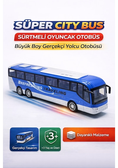 Süper City Bus Sürtmeli Oyuncak Otobüs Büyük Boy Gerçekçi Yolcu Otobüsü Çok Renkli