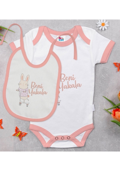 Bk Kids Beni Yakala Tasarımlı Pembe Bebek Body Zıbın Ve Mama Önlü Çok Renkli