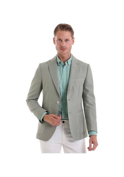 Hatemoğlu A.yeşil Slim Fit Düz Mono Yaka Casual Keten Ceket Yeşil
