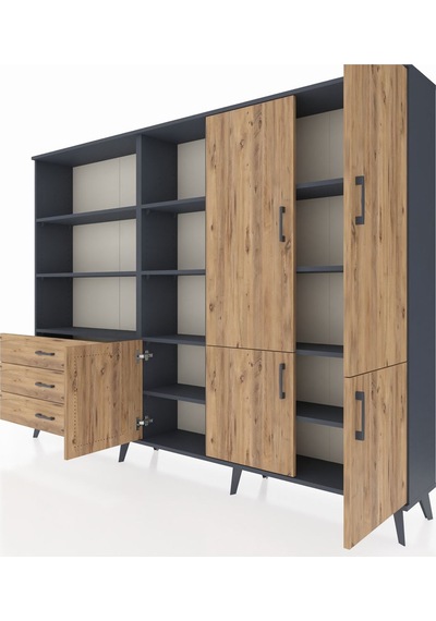 Arges Dolap 11 Raflı 3 Çekmeceli 5 Kapaklı 220x30x163 Antrasit-ça Antrasit-çam
